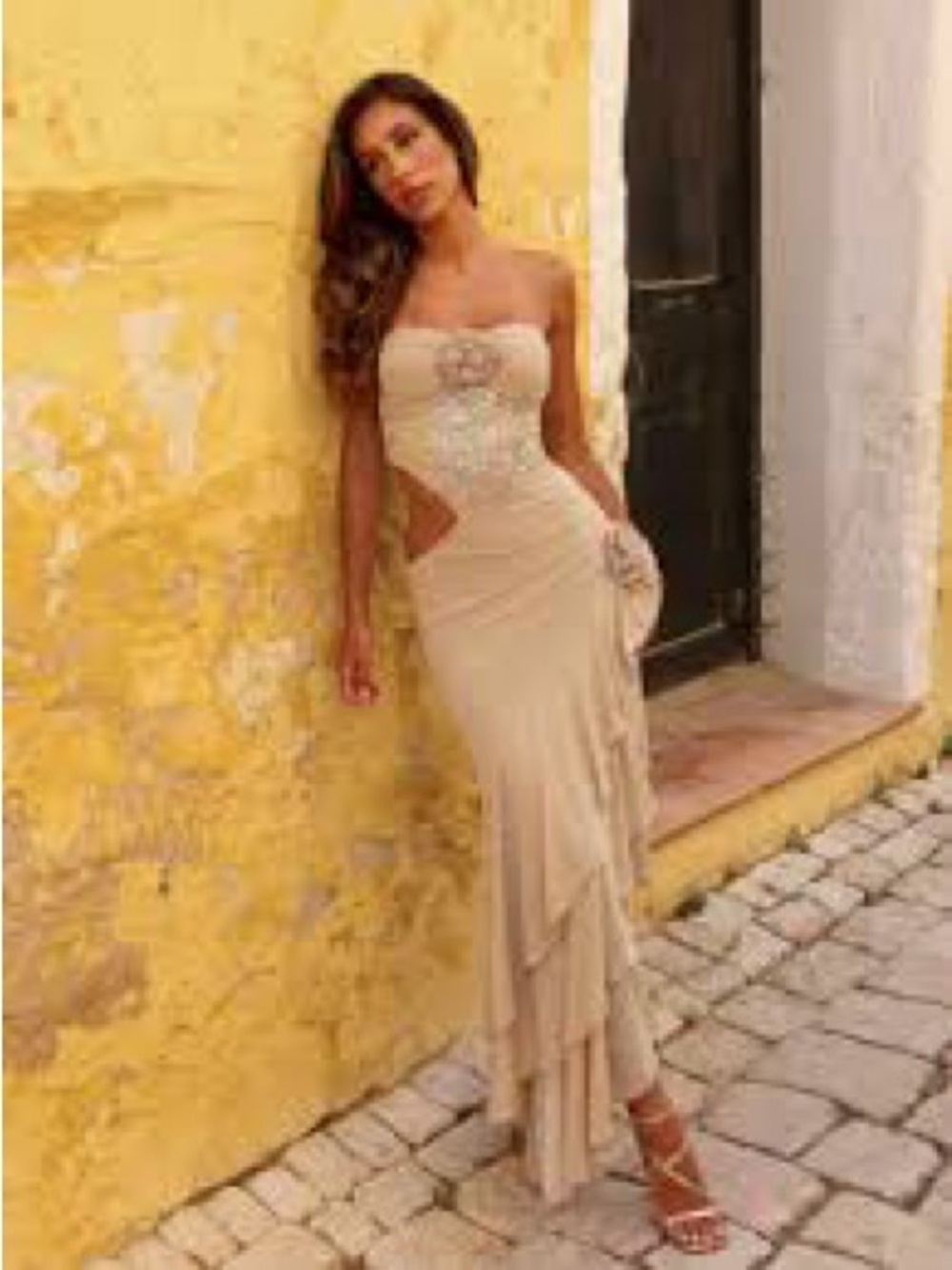 OUTCAST Strapless Beige Cutout Evening Dress with Embellished Bodice